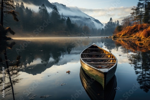 Serena canoe slides a mirrored lake at dusk., generative IA