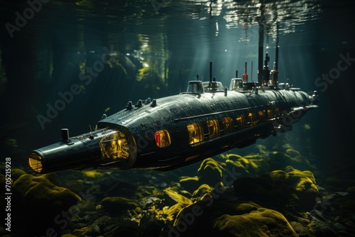 Submarine monitors suspected activity in vibrant submarine scenario., generative IA