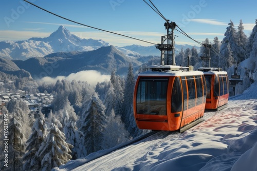 Modern cable car and skiers in winter ski resort., generative IA