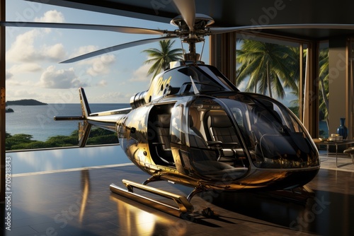 VIP helicopter lands on luxurious seaside heliport., generative IA