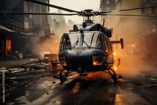 Helicopter captures urban scenes for film; frantic action., generative IA