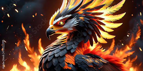 Illustration of a phoenix on a burning background.
