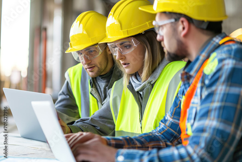 Portrait of a young team in helmets from signal waistcoats on a construction site with laptops, engineers