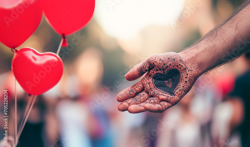 Cropped Indian Man Buys Red Balloons in Shape of Heart For Woman on St. Valentine's Day in Street. Male Hand with Mehndi Tattoo. Feast of Saint Valentine on February, 14 AI Generated Horizontal