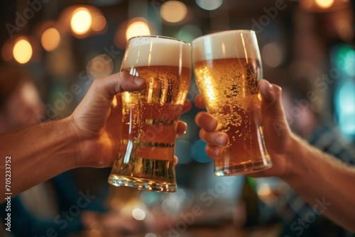 Two hands holding beer glasses, beer steins, clinking them together