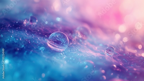 A close up of water droplets on a blue and purple background, AI