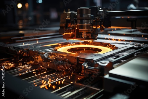 Sparks fly amidst industrial cutting and folding machines., generative IA