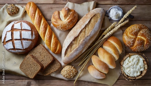 assorted bread on wooden background top view