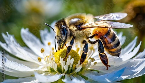 close up of a heavily loaded bee on a white flower on a sunny meadow