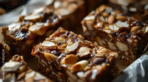 Homemade nougat with nuts and chocolate, selective focus.