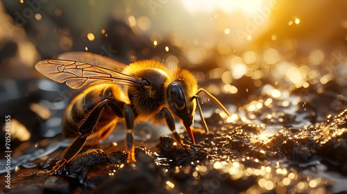 Close-up of a bee (Apis mellifera) on the ground