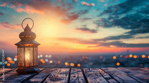 2024 Ramadan Kareem. Wooden board empty table. Ramadan lantern and Muslim lamp sky background. Copy paste area for texture