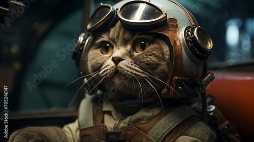Cat pilot in a leather helmet and goggles