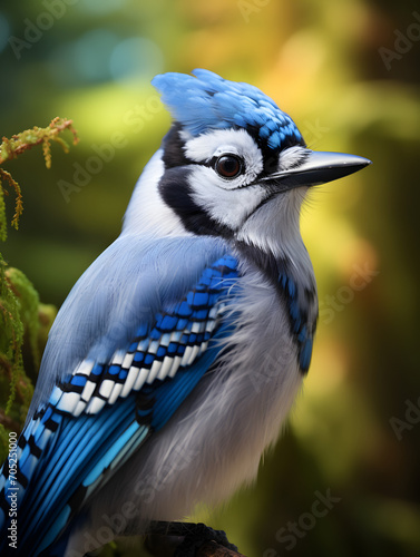Close up of a blue jay bird, blurry forest background 