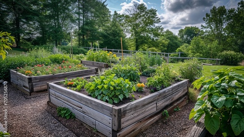 raised bed vegetable garden, and trees surrounding it, many raised beds, permaculture, 