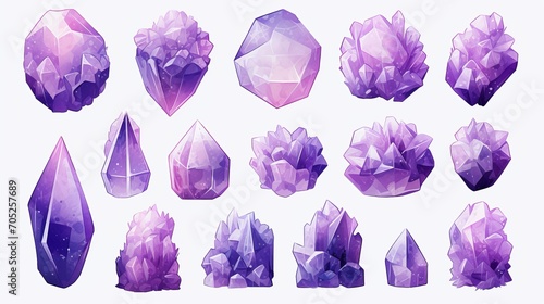An illustration of an amethyst crystal, purple quartz, raw gemstone, and amethyst druse pattern based on the combination of each.