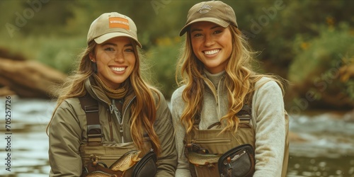 Excited Women in Fishing Gear Stand by the Sunny River, Catching Fish Amidst the Summer Serenity