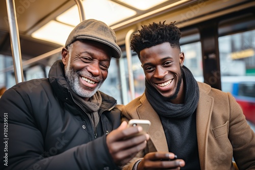 black man and a caucasian man looking at their mobile phones together