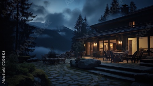 Modern mountain house with beautiful night view