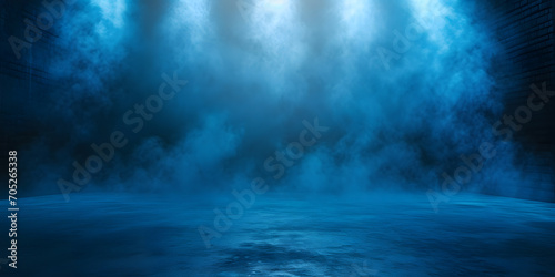 Dark street, wet asphalt, reflections of rays in the water. Abstract dark blue background, smoke