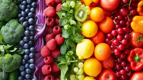 A collage of fruits and vegetables in a rainbow array, symbolizing balanced nutrition and the importance of a healthy diet