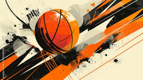 Convey the excitement of basketball, with abstract shapes suggesting movement and competition, using bold oranges and blacks