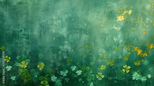 Create an abstract depiction of St. Patrick's Day, with various shades of green, interspersed with symbols like clovers and gold coins