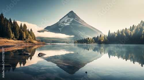 mountain at a calm lake in the morning