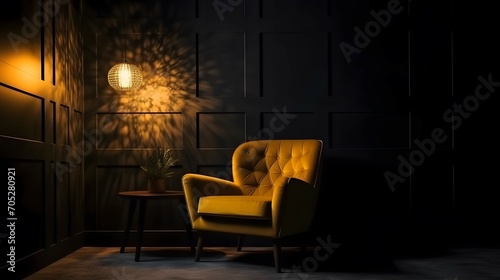 Dark room with yellow armchair on black wall background, Bright color, ultra realistic