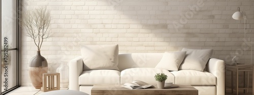 Modern Interior Design Living Room with white sofa and empty wall mockup