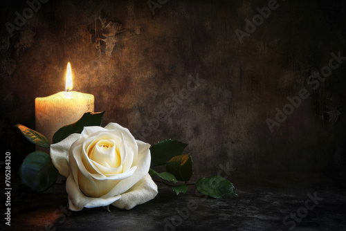 White Rose and Candle on Vintage Background Copy Space