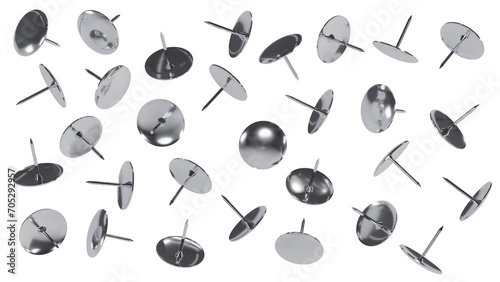 Falling metal push pins isolated on transparent and white background. Office concept. 3D render