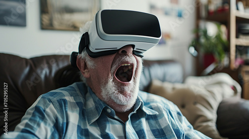 An elderly man yelling while experiencing virtual reality is a reminder that age is no barrier to imagination and adventure. ai generated.