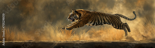 Tiger running in the woods.Panorama view. Generative AI