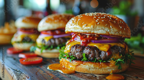 Gros plan sur un hamburger avec viande, fromage et légumes. Servi avec frites. Alimentation, fast food, nourriture. Pour conception et création graphique.