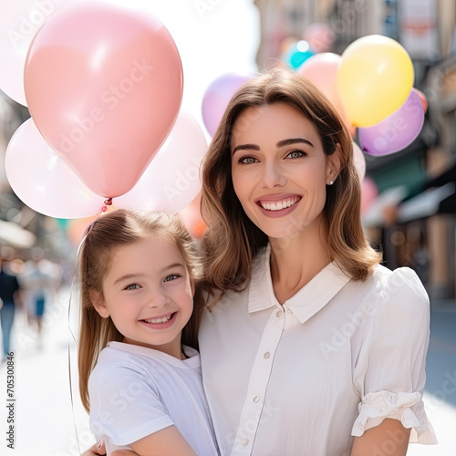 mother and child in the theme park with balloons