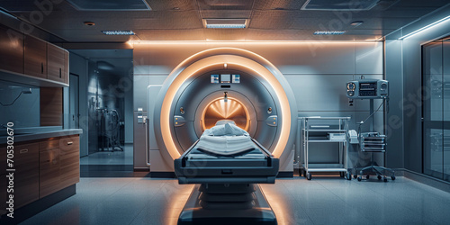 MRI machine, no people, metallic and clean, room in soft lighting with maybe a splash of ambient color for mood