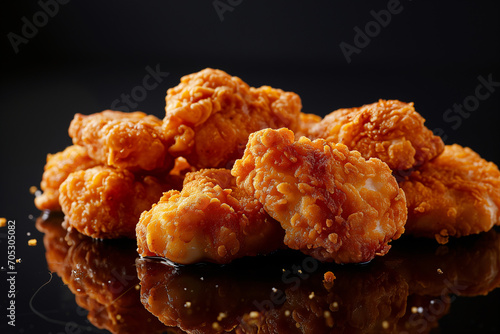 Close up freshly fried boneless chicken nuggets with black background