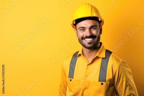 Portrait of construction worker in uniform on yellow background 