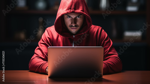 Junger Mann mit rotem Oberteil und Kapuze am Laptop Notebook