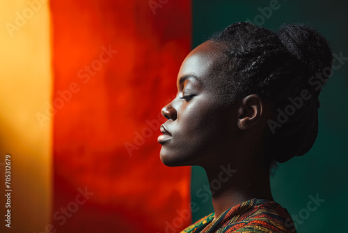 Black History Month background. African-american woman face in profile over red yellow green black colors background. June 10 freedom day. Racial equality, freedom, human rights day