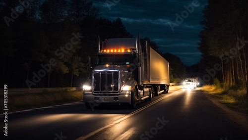 modern truck driving on the road at night in summer delivery
