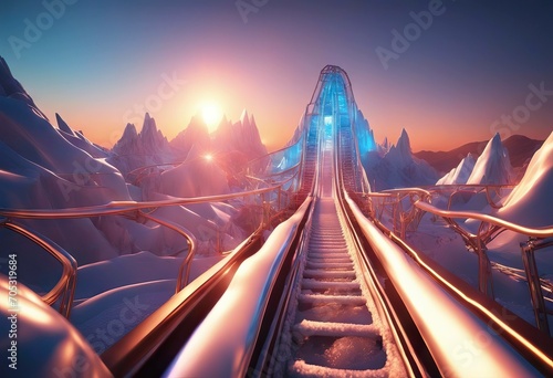 4K Moving through the abstract glossy ice mountains on a sunset background Riding on Roller Coaster with blue Neon Lights Extremely Fast Seamless Looped 3d Animation of Abstract Roller Coaster stock