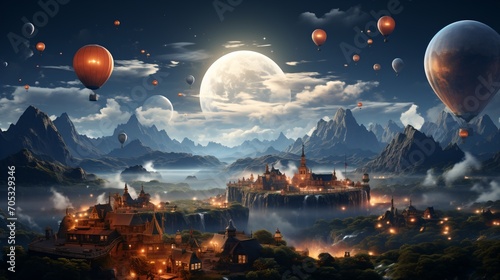 Fantasy landscape with floating city and hot air balloons