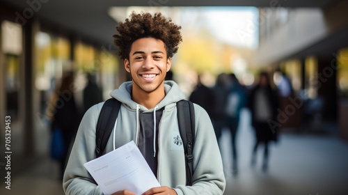 Happy African American student holding exam paper in college campus