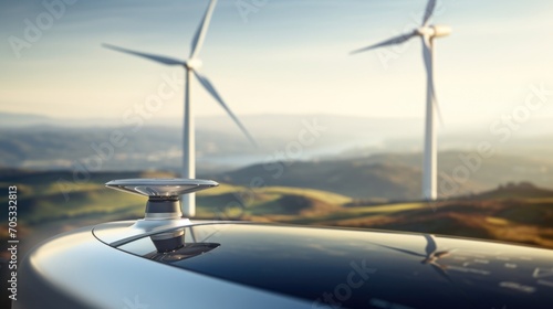 Closeup of the top of a wind turbine, with an impressive view of the surrounding landscape.