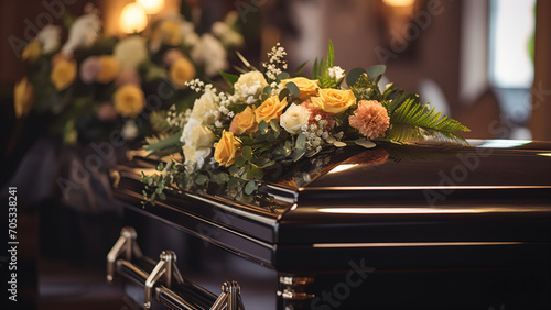 Coffin at a funeral. Generative AI.