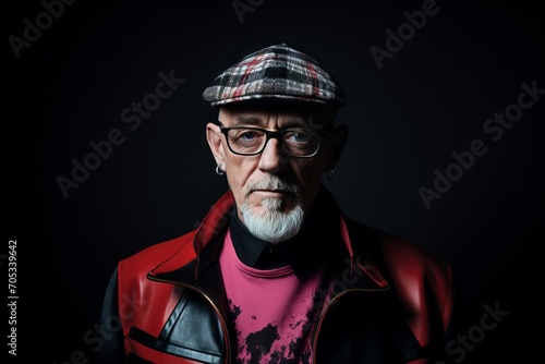 Portrait of an old man with a gray beard in a red jacket and a cap.