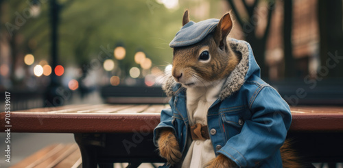 A squirrel dressed in a denim jacket and hat sitting on a bench. Generative AI.