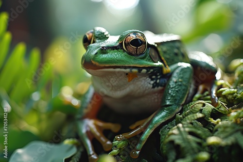 Closeup portrait of a green and yellow spotted wild frog sitting on green plant leaves